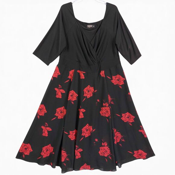 IGIGI by Yuliya Raquel 18/20 Plus Black Red Rose Print Fit & Flare Midi Dress Ma - Picture 1 of 11
